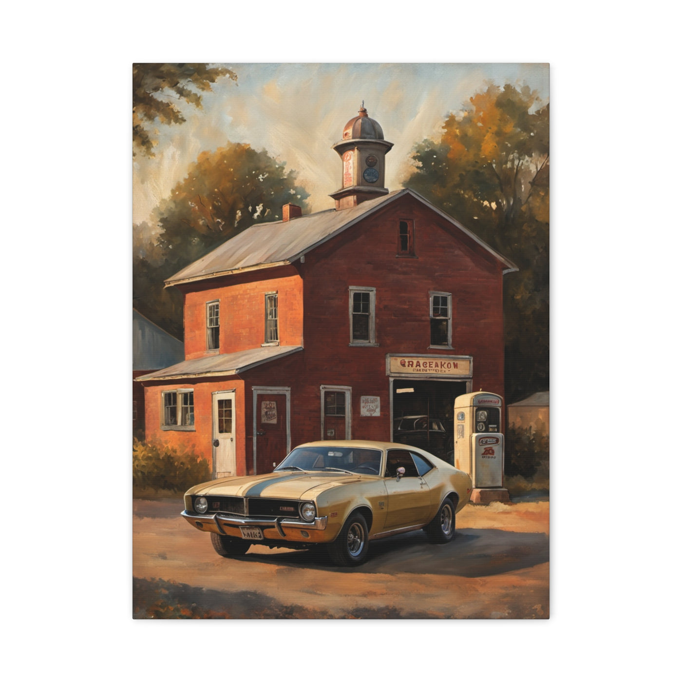 Nostalgic 68s Car Canvas featuring a vintage yellow car in front of a red brick building