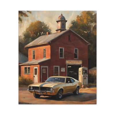 Nostalgic 68s Car Canvas featuring a old car in front of a vintage gas station