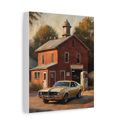 Nostalgic 68s Car Canvas featuring a classic car in front of a vintage gas station