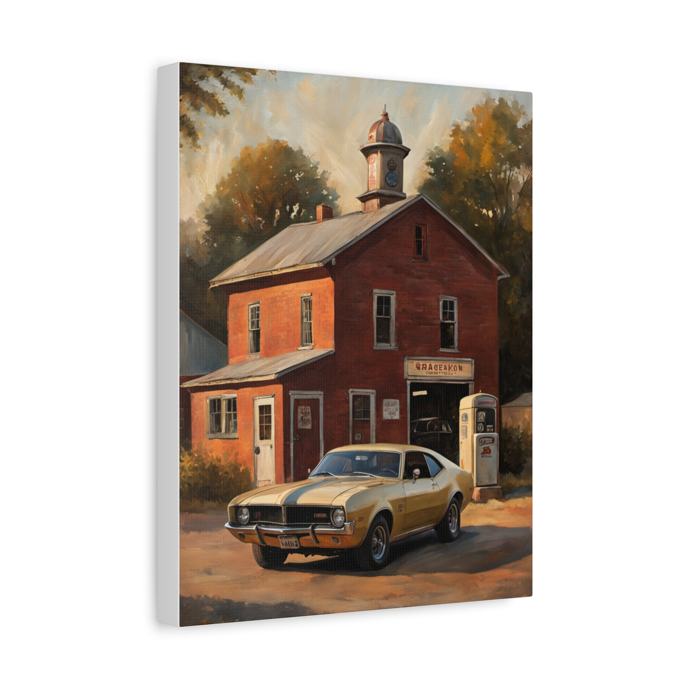 Nostalgic 68s Car Canvas featuring a classic car outside a vintage gas station
