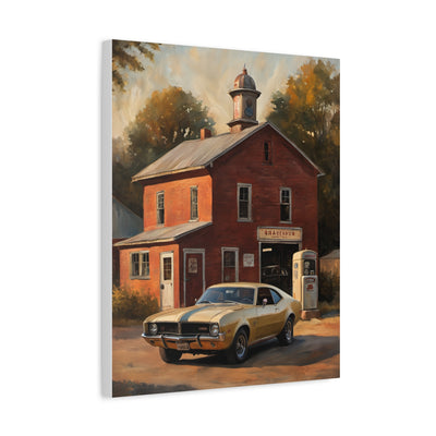 Nostalgic 68s Car Canvas featuring a vintage yellow car outside a rustic red building