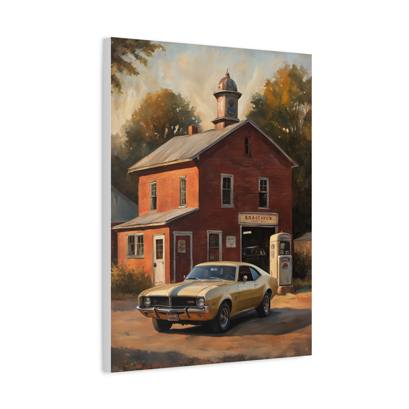 Nostalgic 68s Car Canvas featuring a vintage yellow car parked in front of a rustic red building