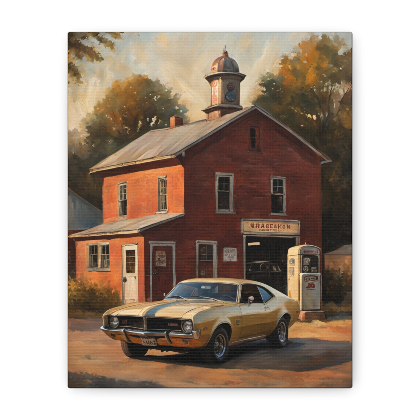 Nostalgic 68s Car Canvas featuring a vintage yellow car parked at a rustic gas station