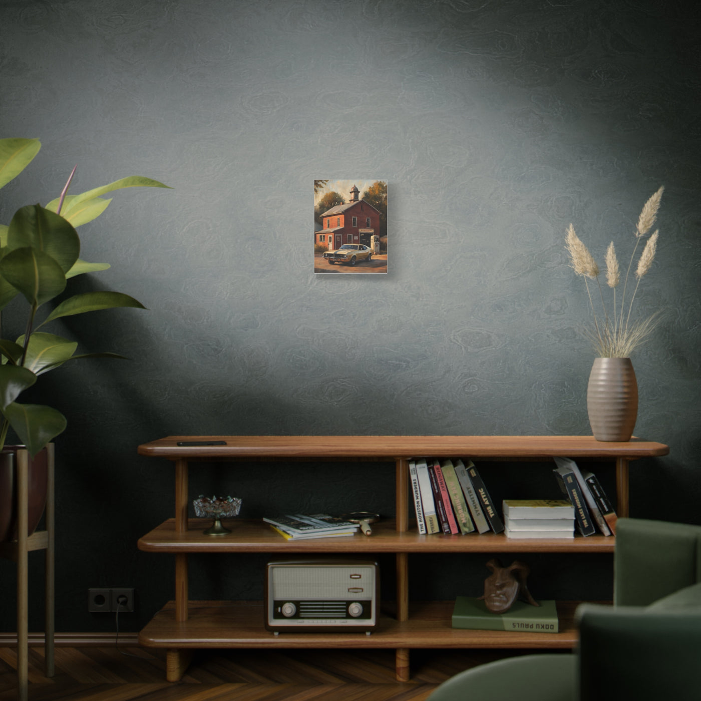 Nostalgic 68s Car Canvas artwork displayed in a modern living room setting with plants and decor