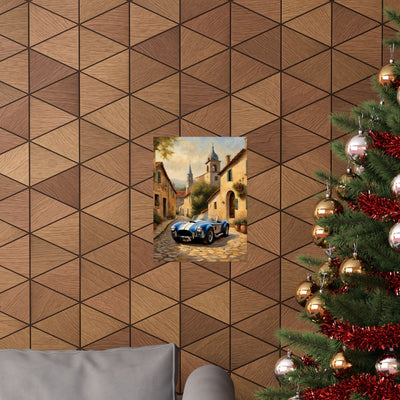 Nostalgic American Car Art poster displayed on a stylish wall with wooden geometric pattern
