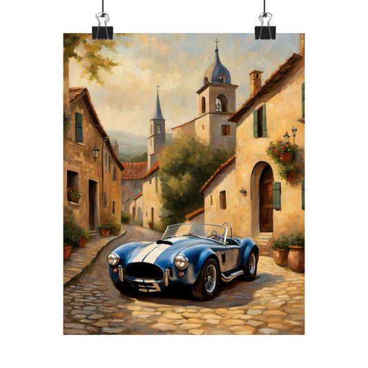 Nostalgic American Car Art showcasing a classic blue sports car parked in a quaint cobblestone village
