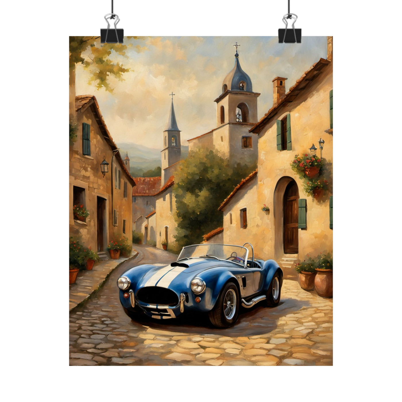 Nostalgic American Car Art showcasing a classic blue sports car parked in a quaint cobblestone village