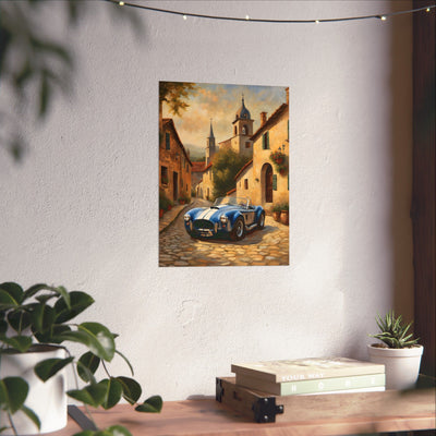 Nostalgic American Car Art poster featuring a vintage blue car on a cobblestone street