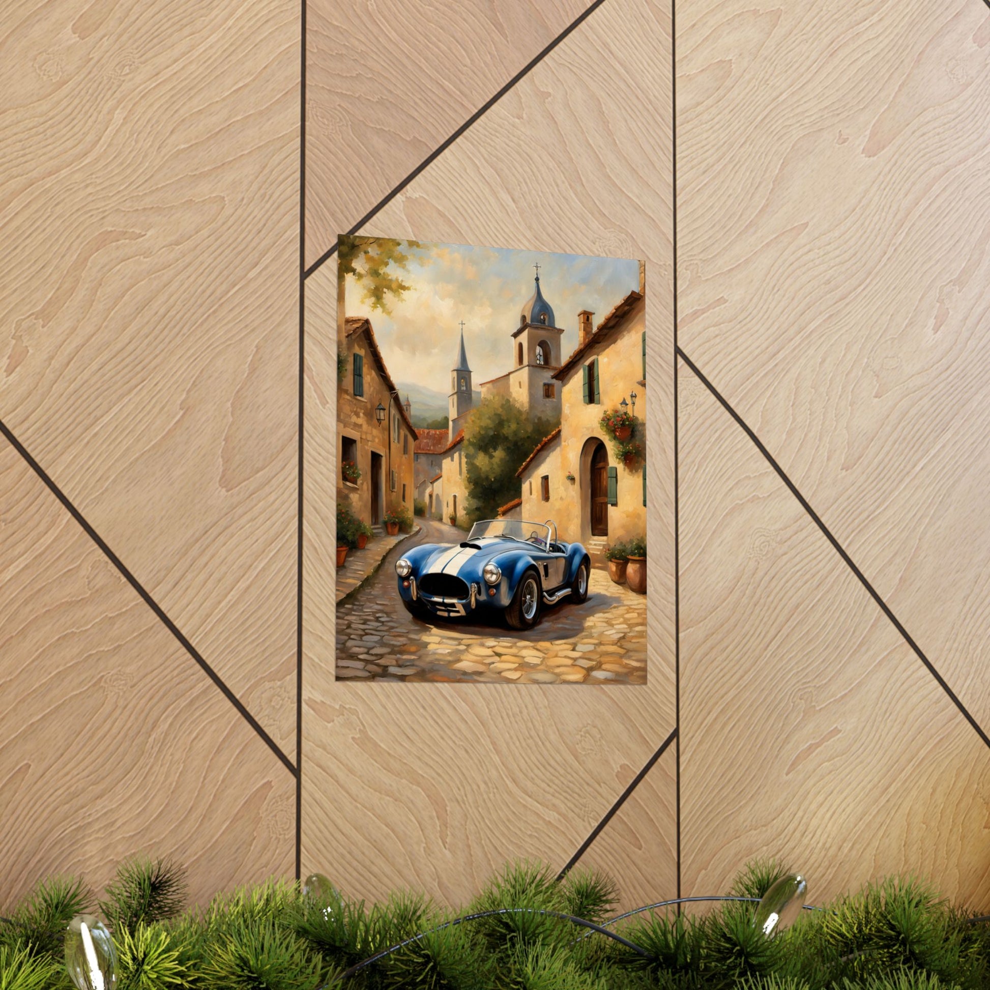 Nostalgic American Car Art poster of a classic blue sports car in a picturesque village setting