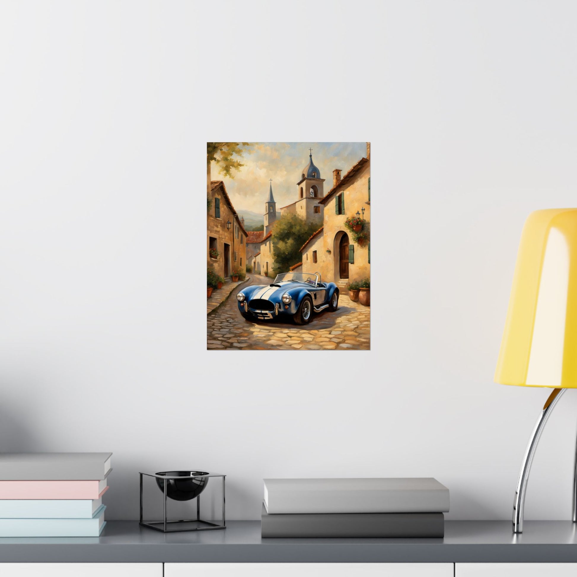 Nostalgic American Car Art featuring a classic sports car in a quaint village setting