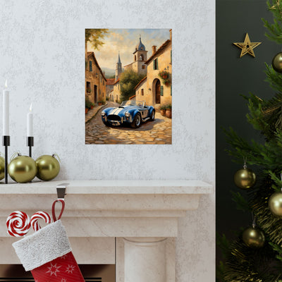 Nostalgic American Car Art featuring a classic blue car in a picturesque village scene
