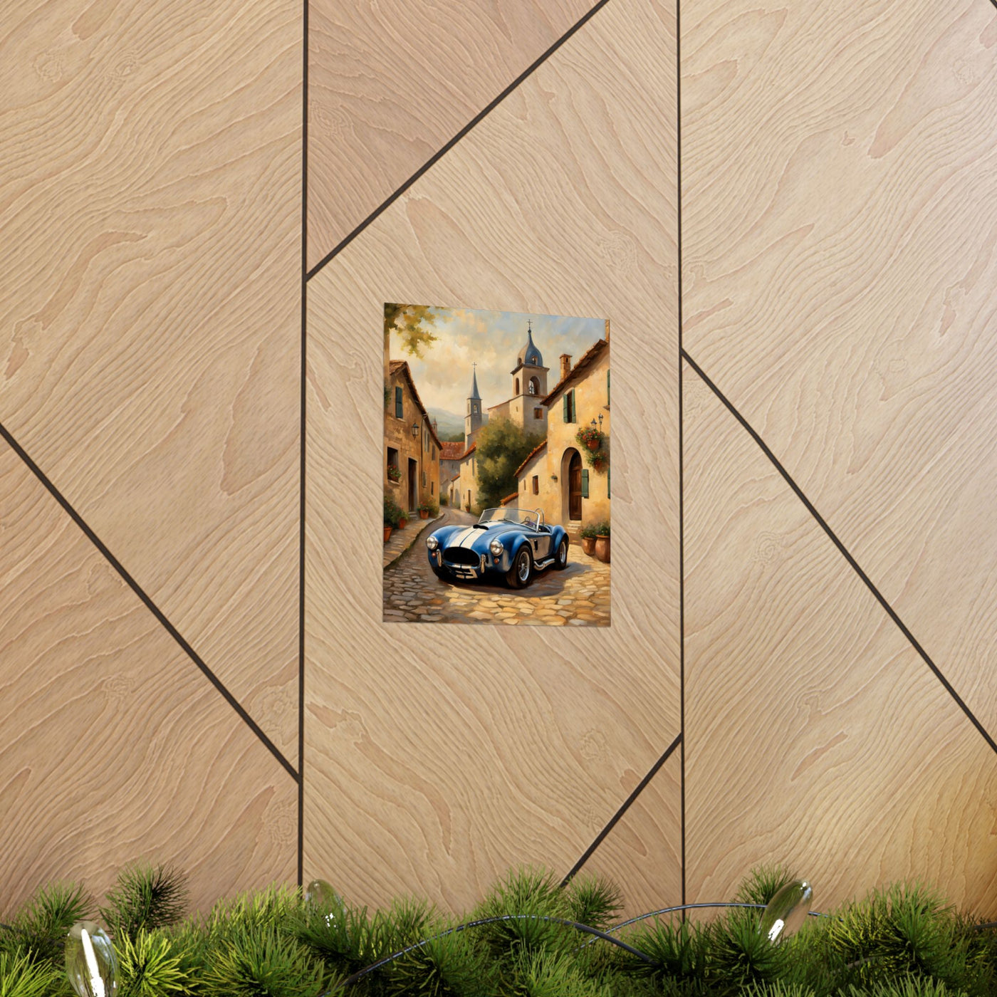 Nostalgic American Car Art poster featuring a retro car on a cobblestone street with historic buildings