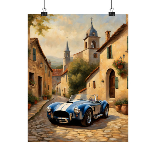 Nostalgic American Car Art featuring a blue vintage sports car on a cobblestone street