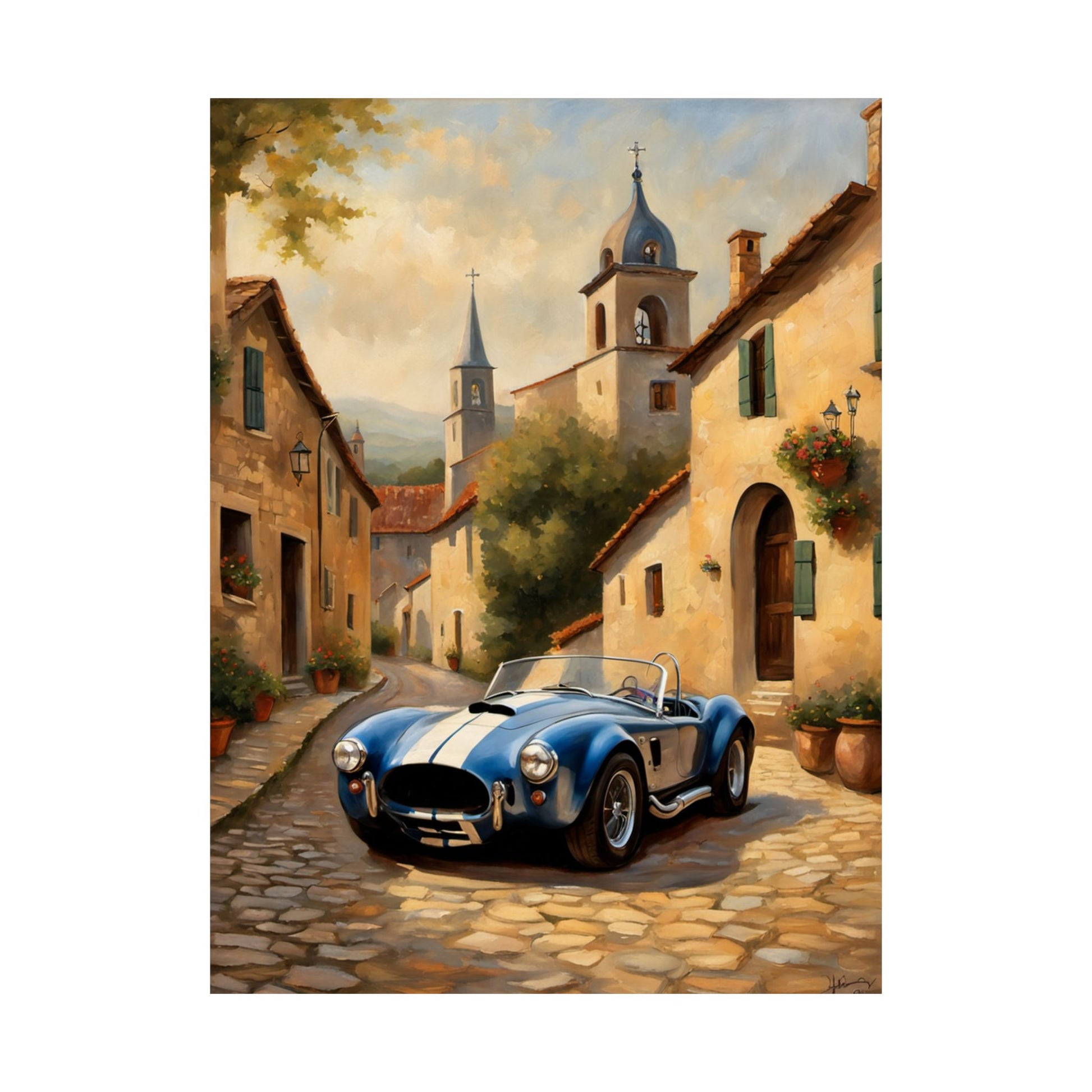 Nostalgic American Car Art featuring a blue vintage sports car parked in a charming village street