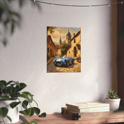 Nostalgic American Car Art featuring a blue sports car on a cobblestone street in a charming village setting