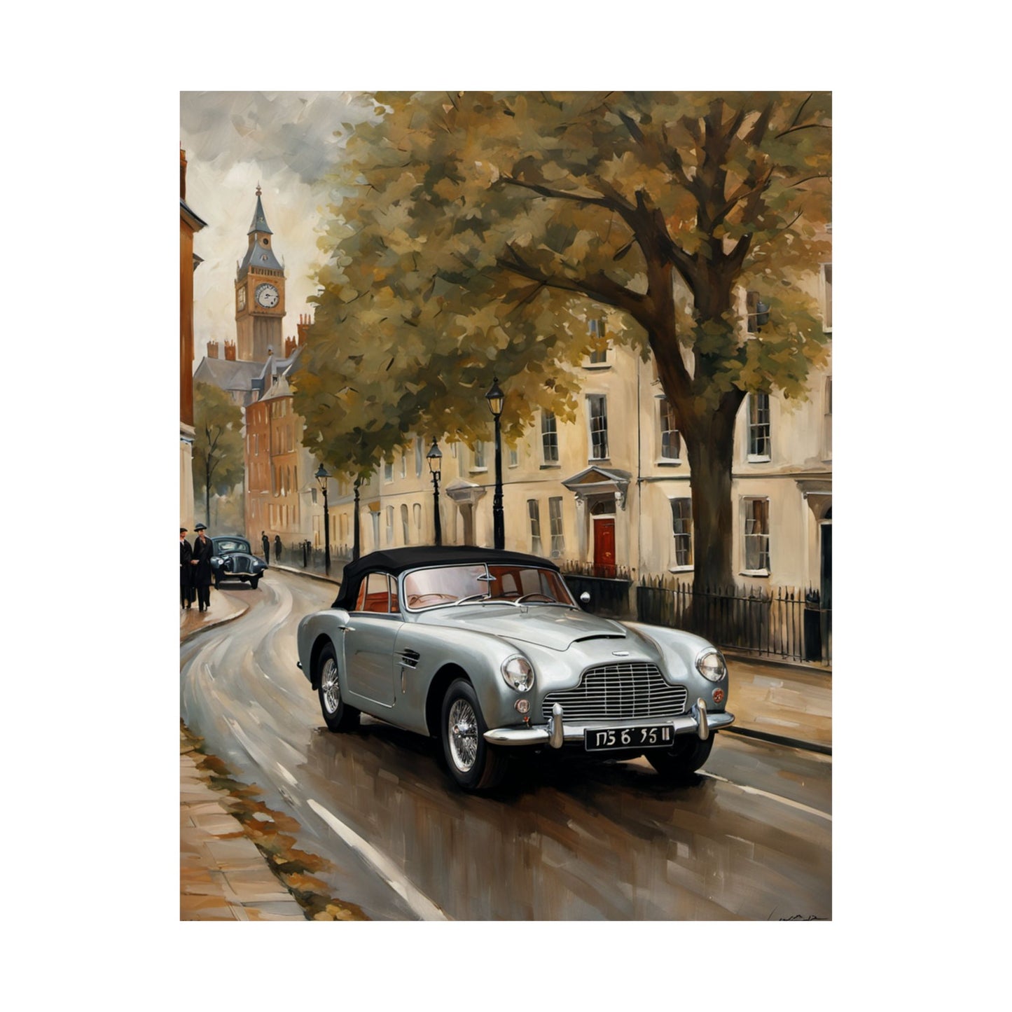 Nostalgic Automobile Wall Art featuring a vintage car driving down a London street with historic buildings
