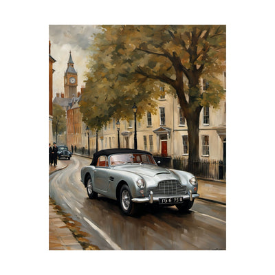 Nostalgic Automobile Wall Art featuring a vintage car driving down a London street with historic buildings