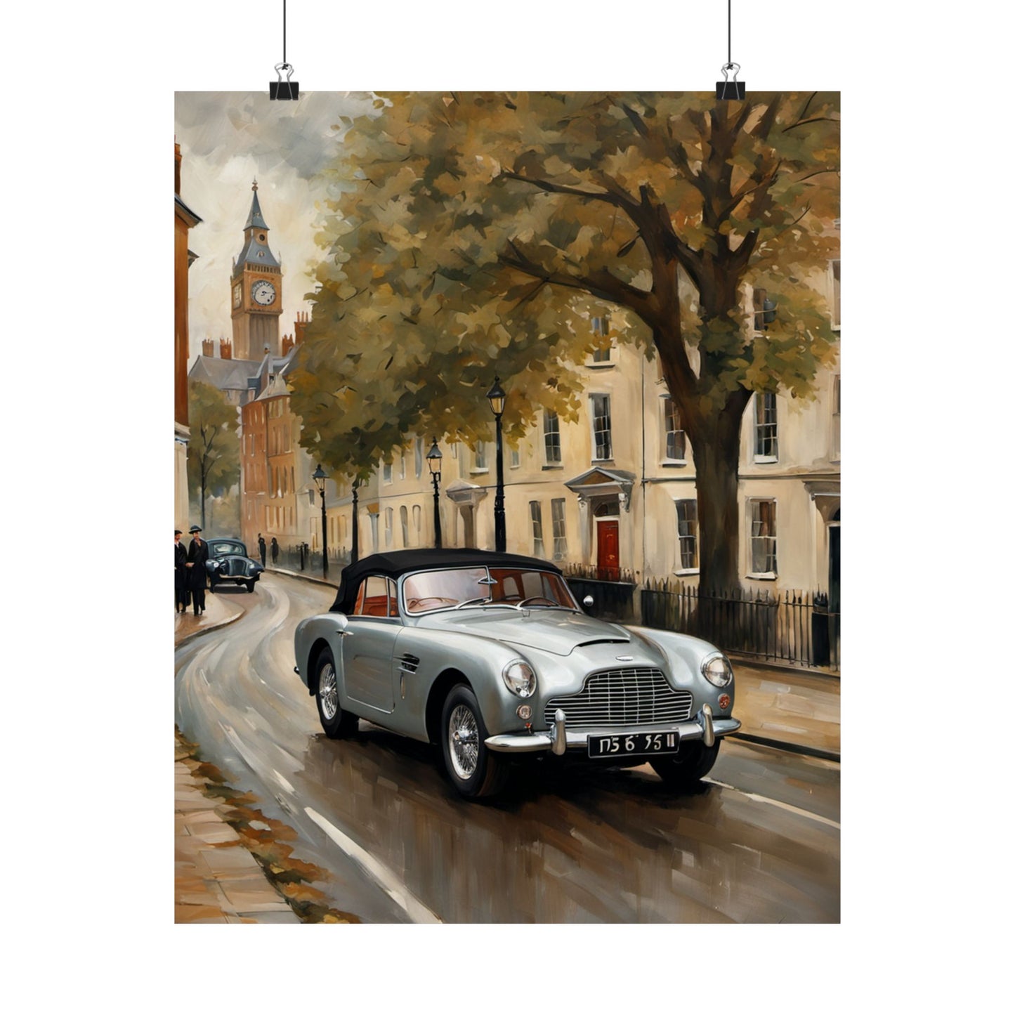 Nostalgic Automobile Wall Art featuring a vintage car driving on a picturesque street with trees and a clock tower