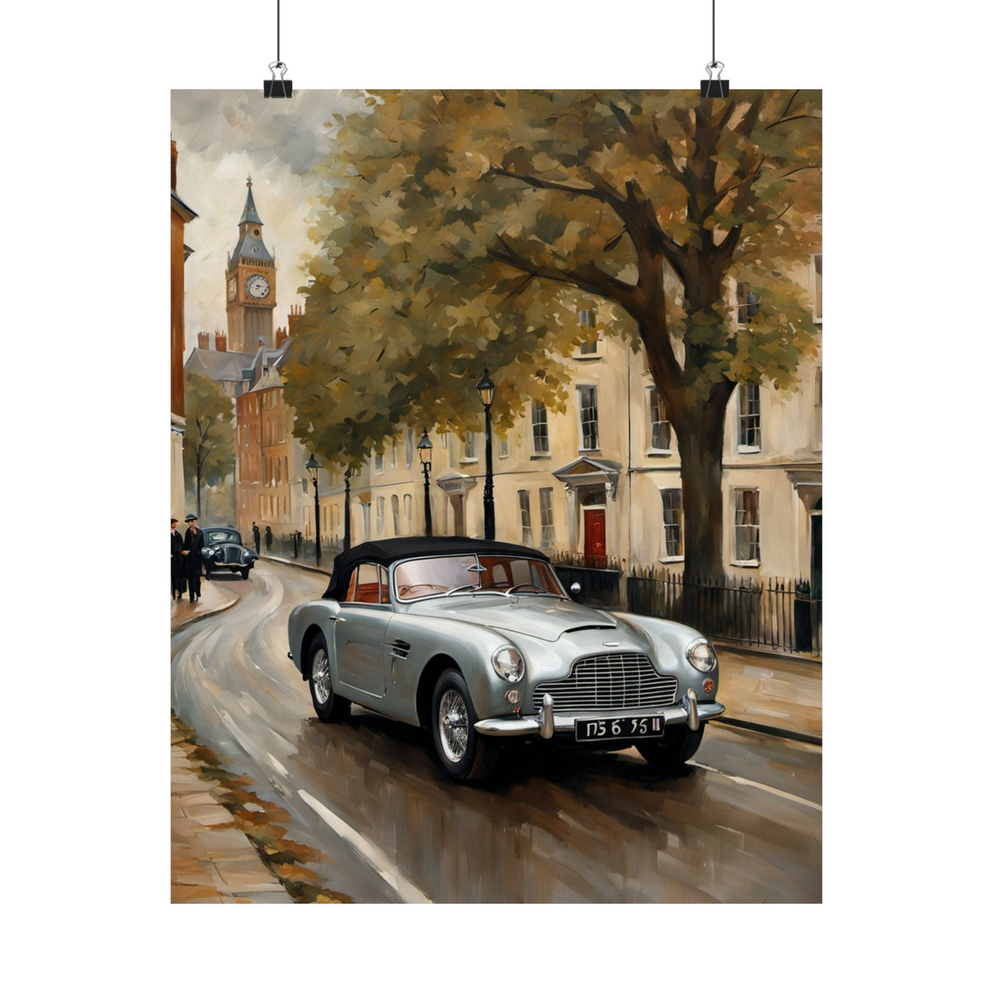 Nostalgic Automobile Wall Art featuring a vintage car driving on a picturesque street with trees and a clock tower