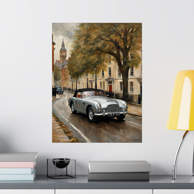 Nostalgic Automobile Wall Art featuring a classic car driving down a tree-lined street