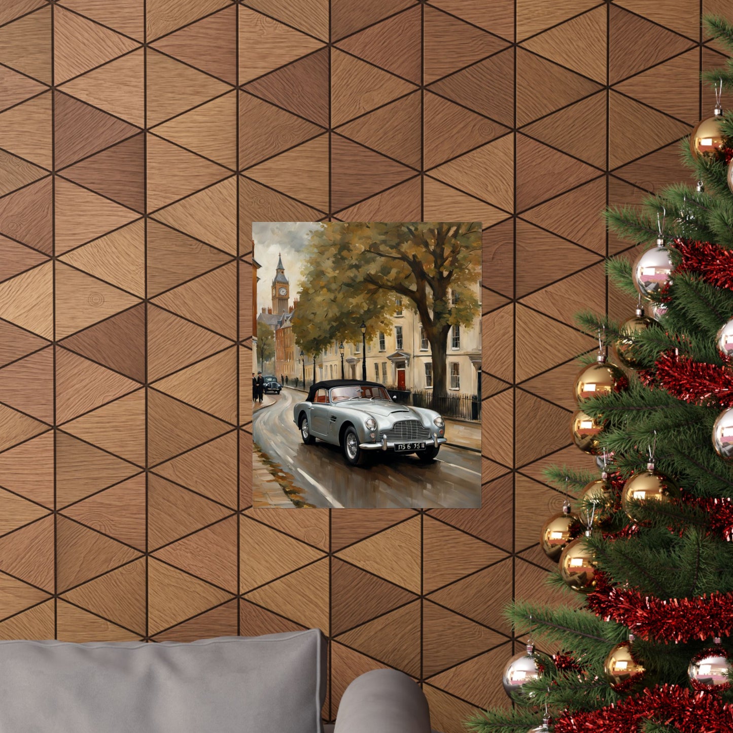 Nostalgic Automobile Wall Art featuring a classic car on a city street for home decor