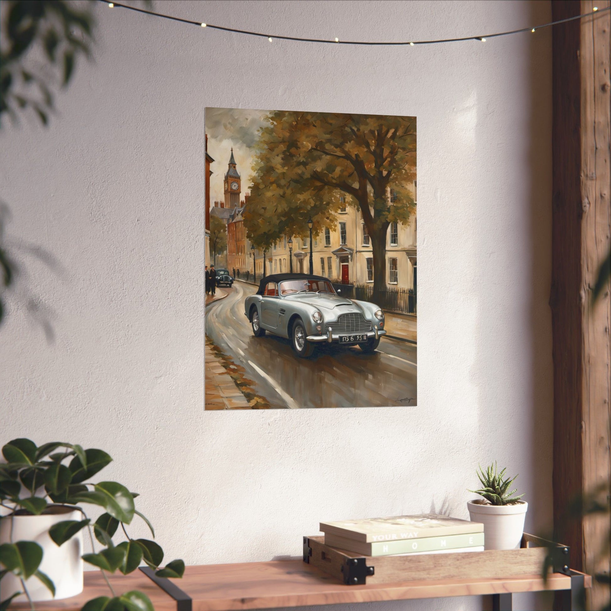 Nostalgic Automobile Wall Art featuring a classic car driving through a picturesque street scene