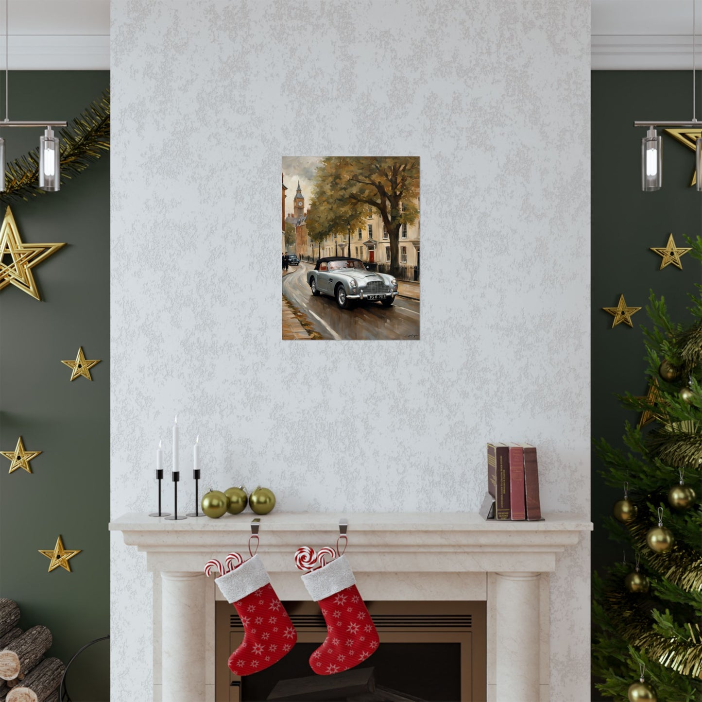 Nostalgic Automobile Wall Art displayed on a festive living room wall with holiday decor