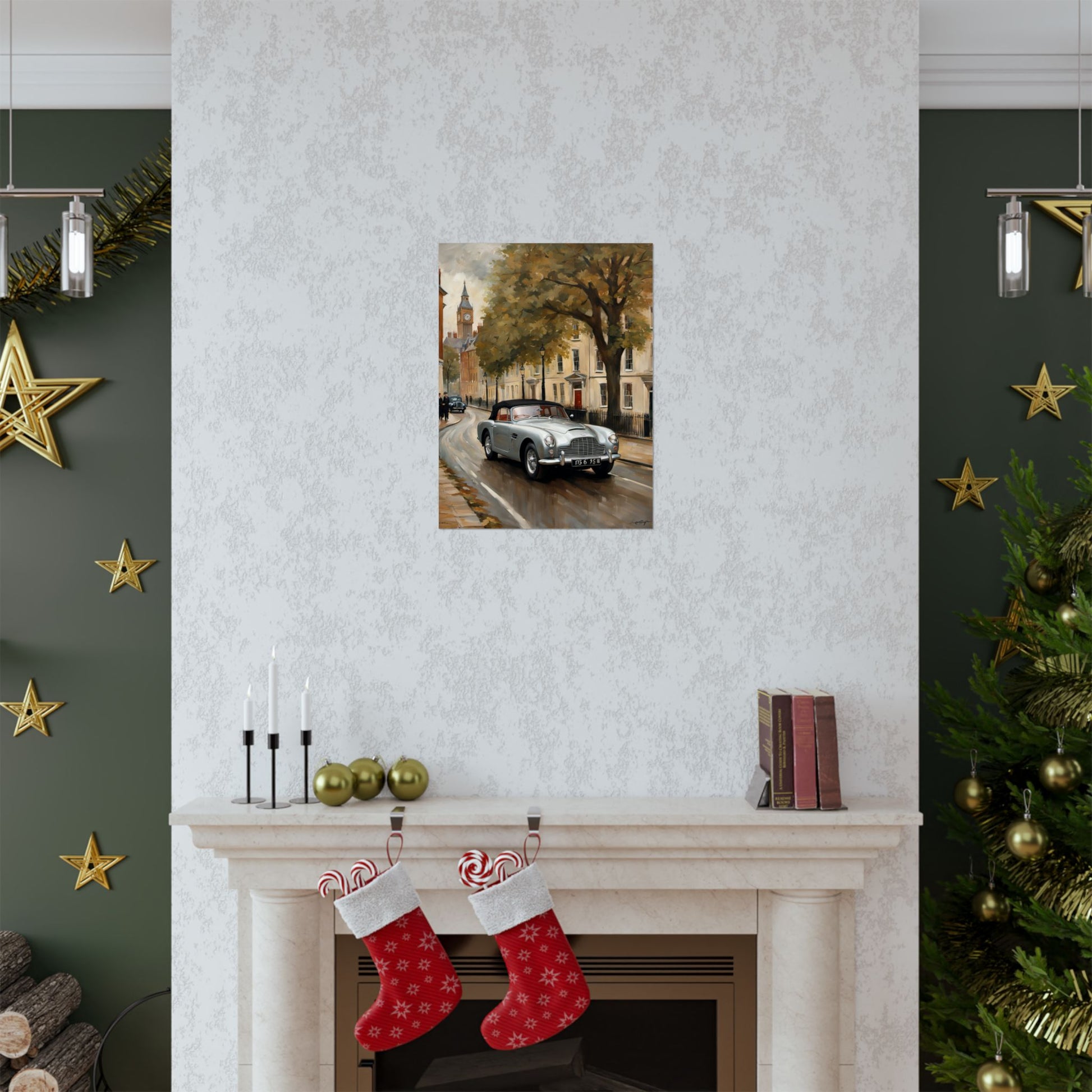 Nostalgic Automobile Wall Art displayed on a festive living room wall with holiday decor