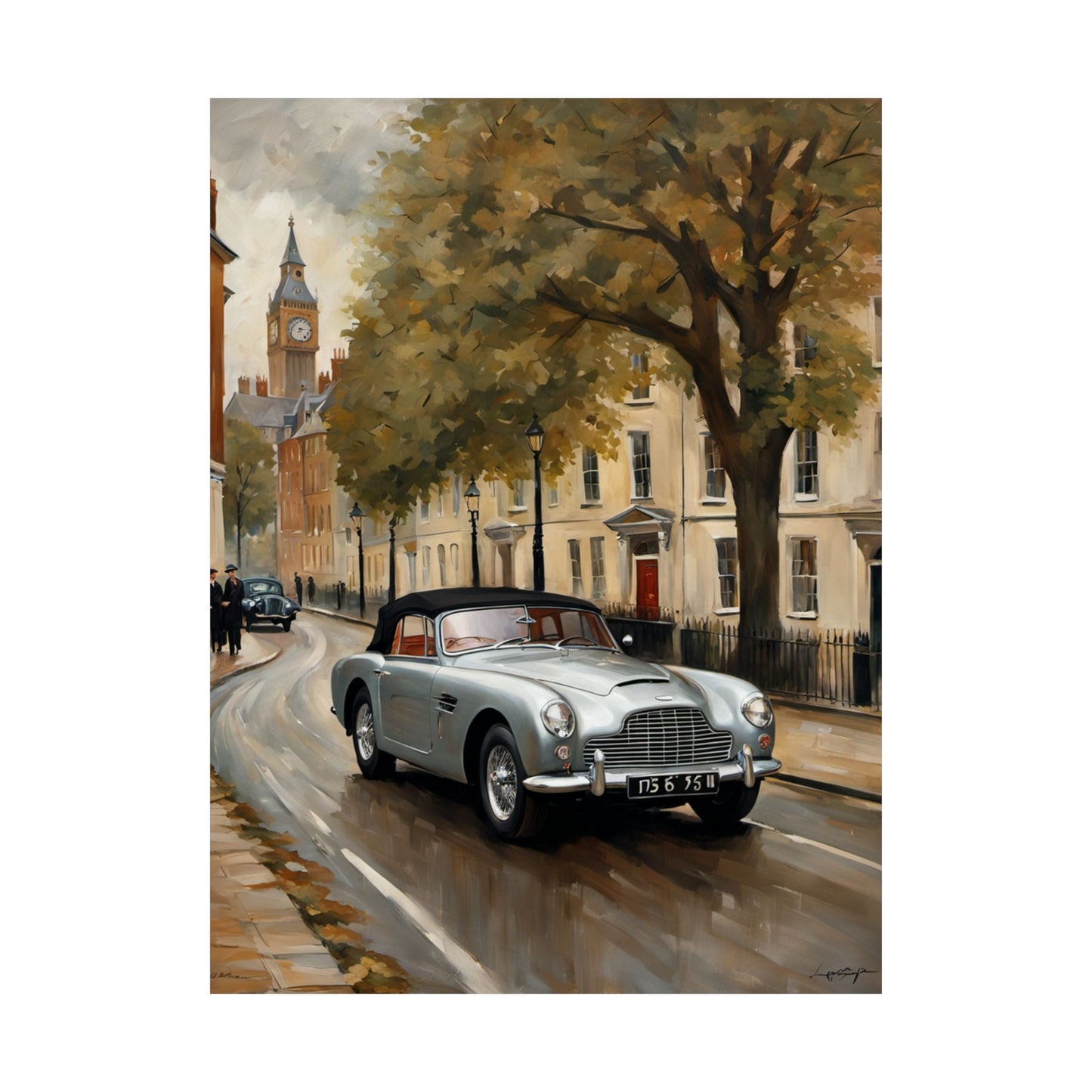 Nostalgic Automobile Wall Art featuring a vintage silver car driving on a picturesque street