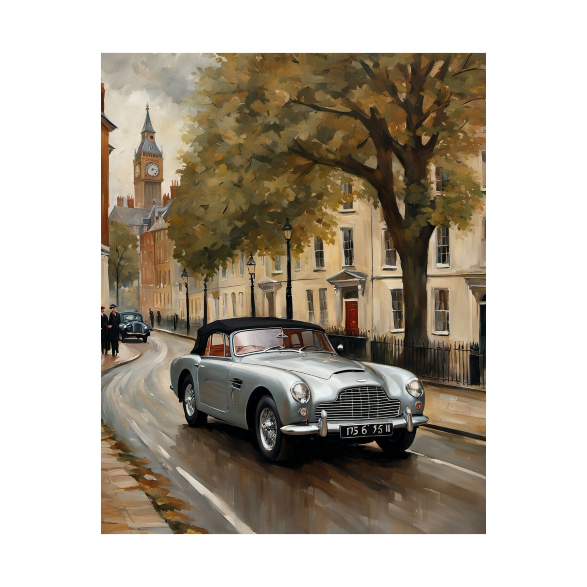 Nostalgic Automobile Wall Art featuring a classic car driving through a charming street scene