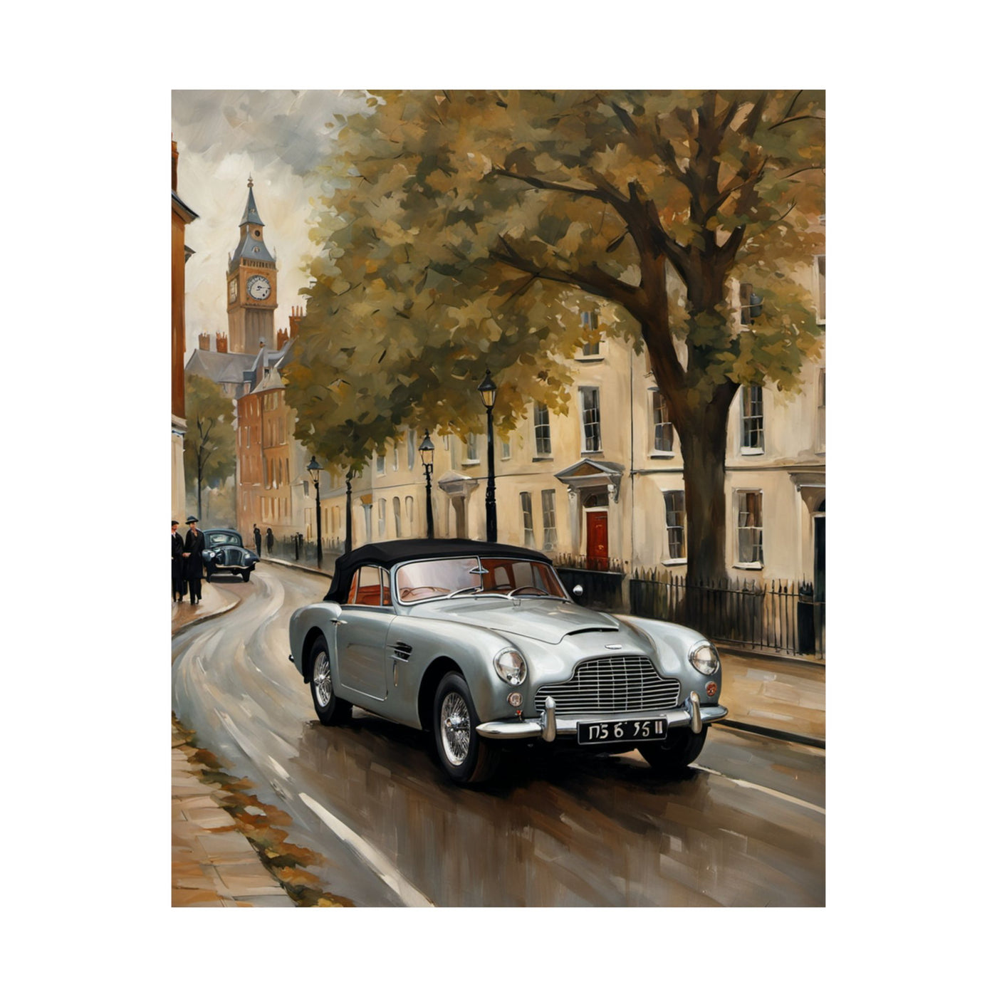 Nostalgic Automobile Wall Art featuring a classic car on a charming street with historical buildings