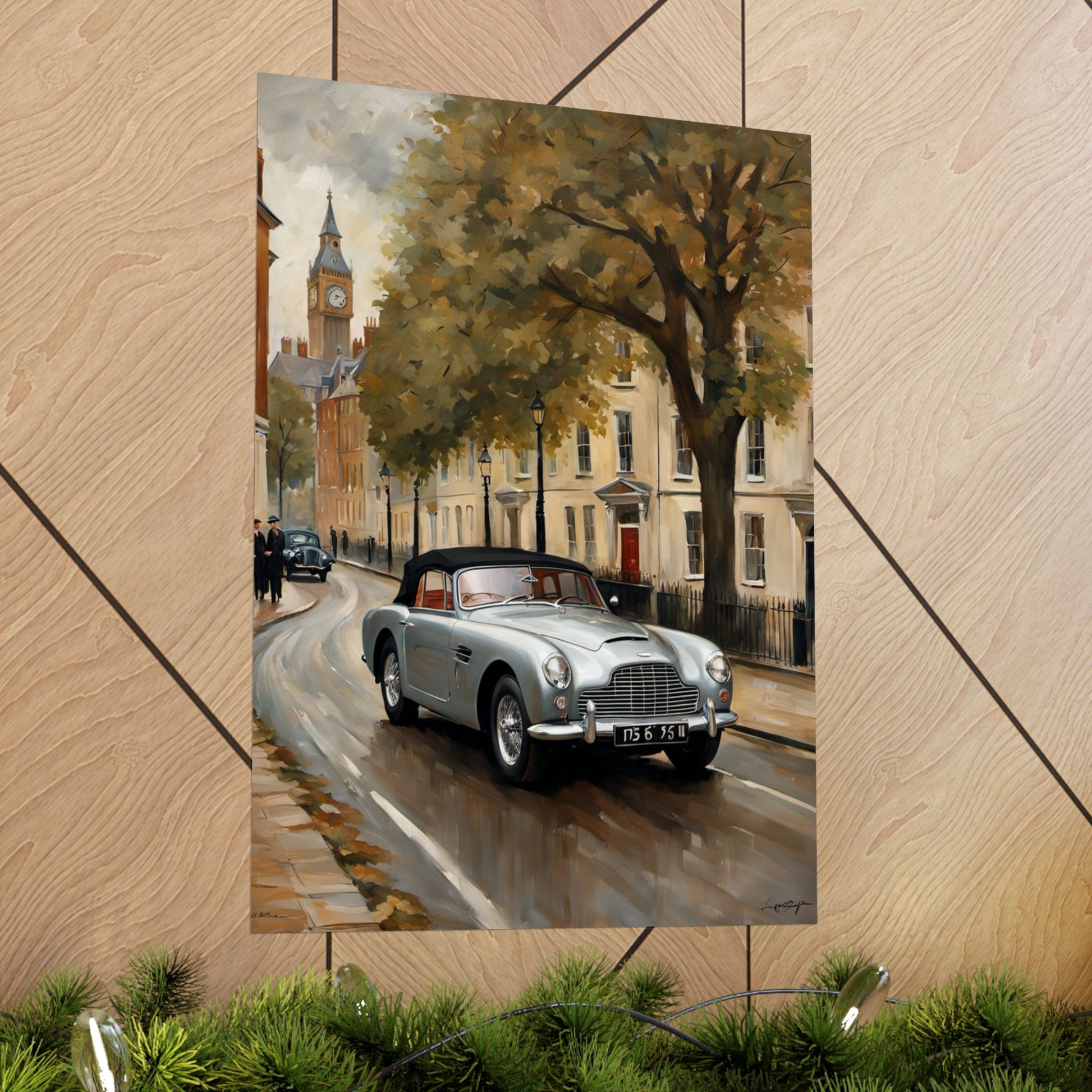Nostalgic Automobile Wall Art featuring a classic car on a scenic urban street with trees and buildings