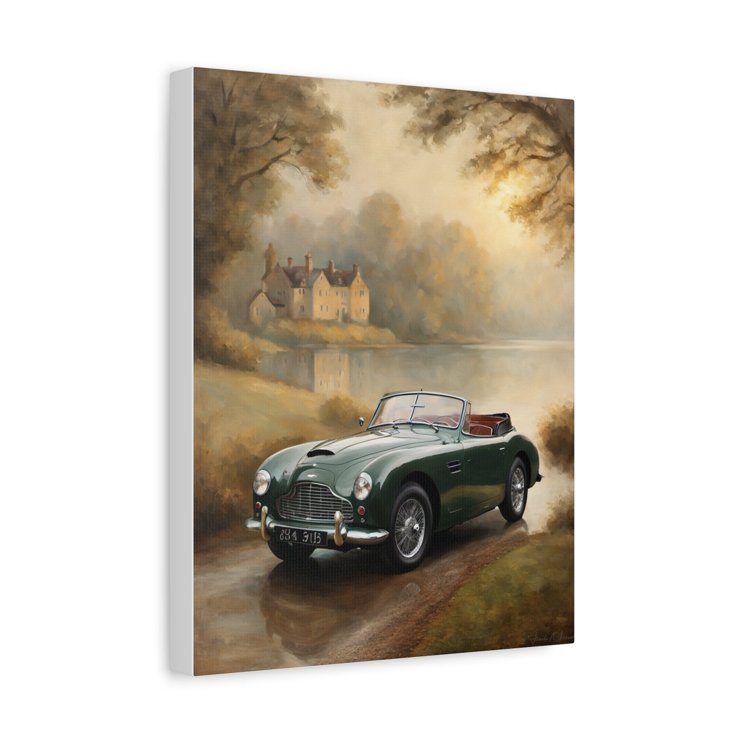 Nostalgic Car Canvas Art featuring a classic green convertible by a picturesque lake and rustic house