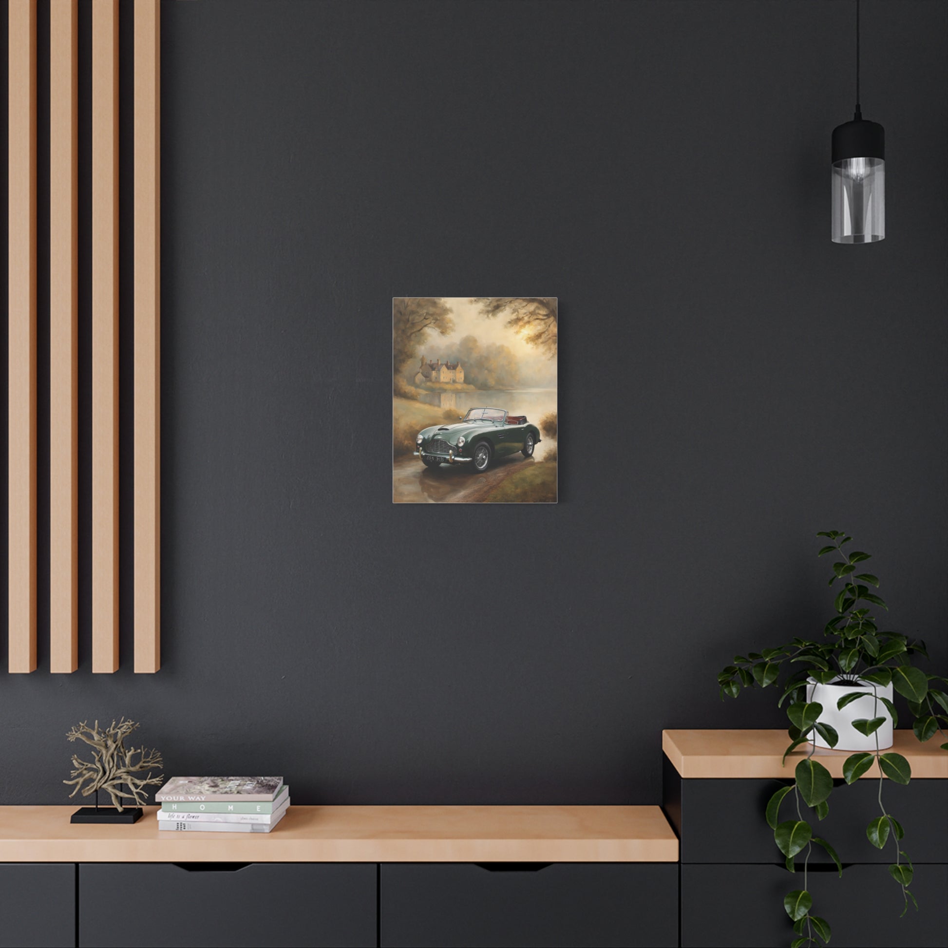 Nostalgic Car Canvas Art depicting a vintage car in a serene landscape for home decor