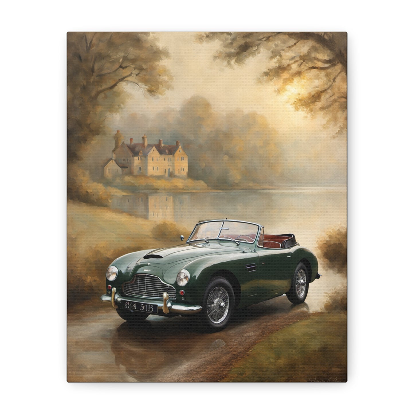 Nostalgic Car Canvas Art featuring a classic convertible by a serene lakeside landscape
