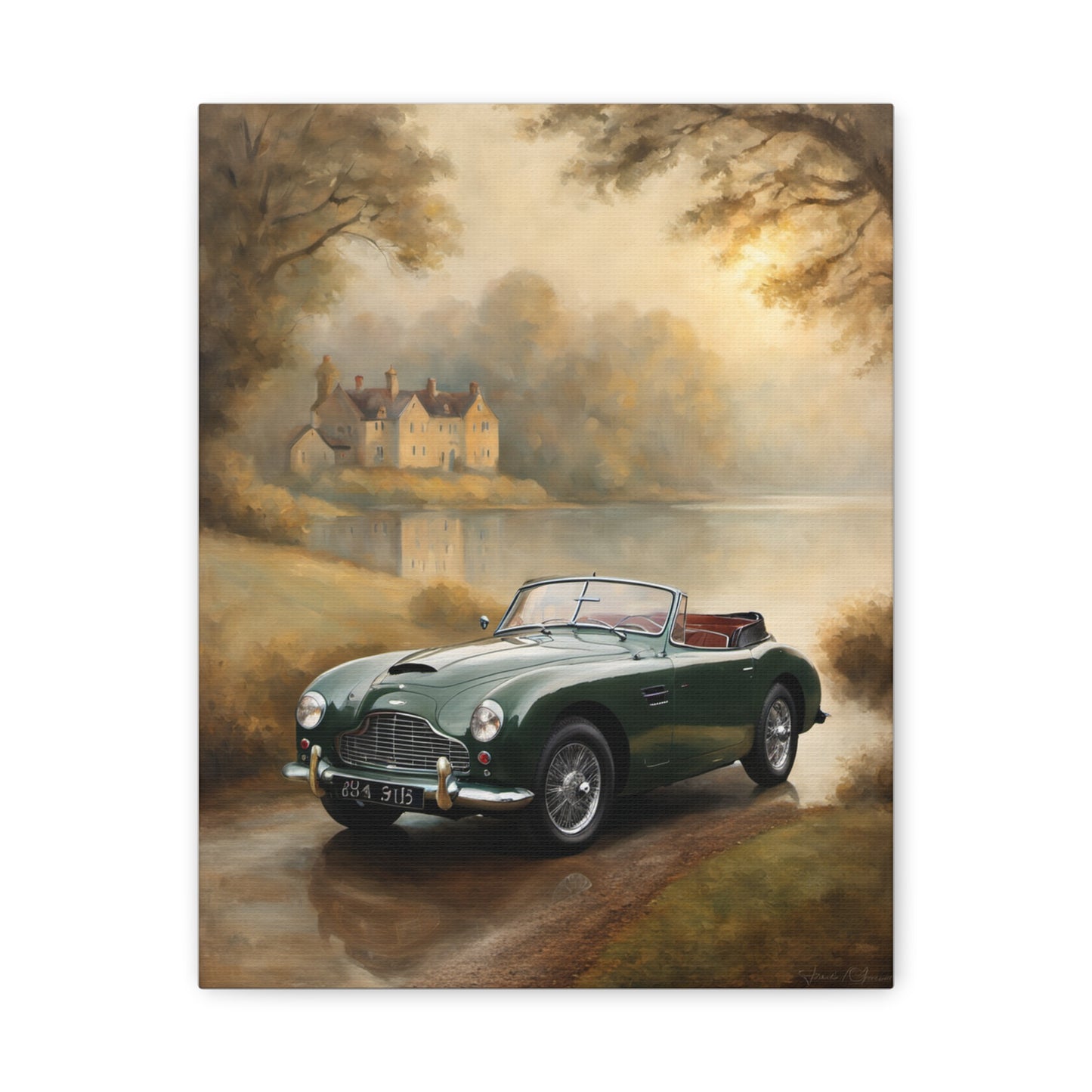 Nostalgic Car Canvas Art featuring a green classic convertible in a scenic landscape