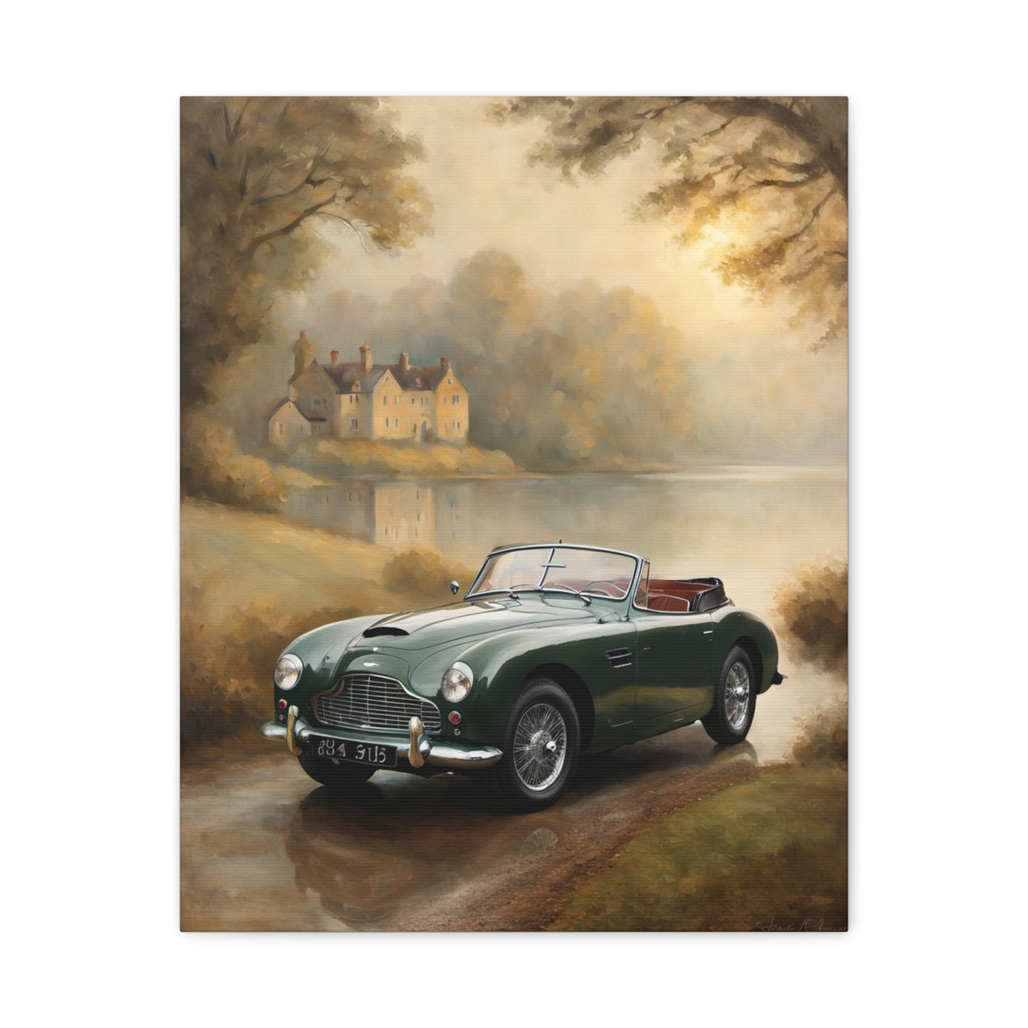 Nostalgic Car Canvas Art featuring a vintage green convertible near a serene landscape