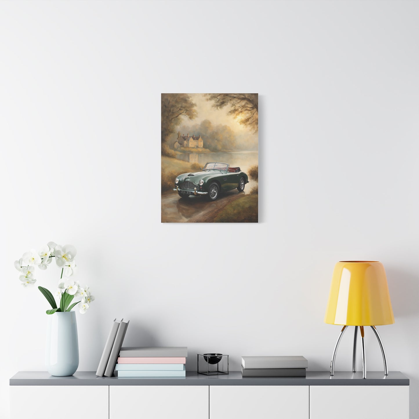 Nostalgic Car Canvas Art featuring a retro car in a serene landscape setting
