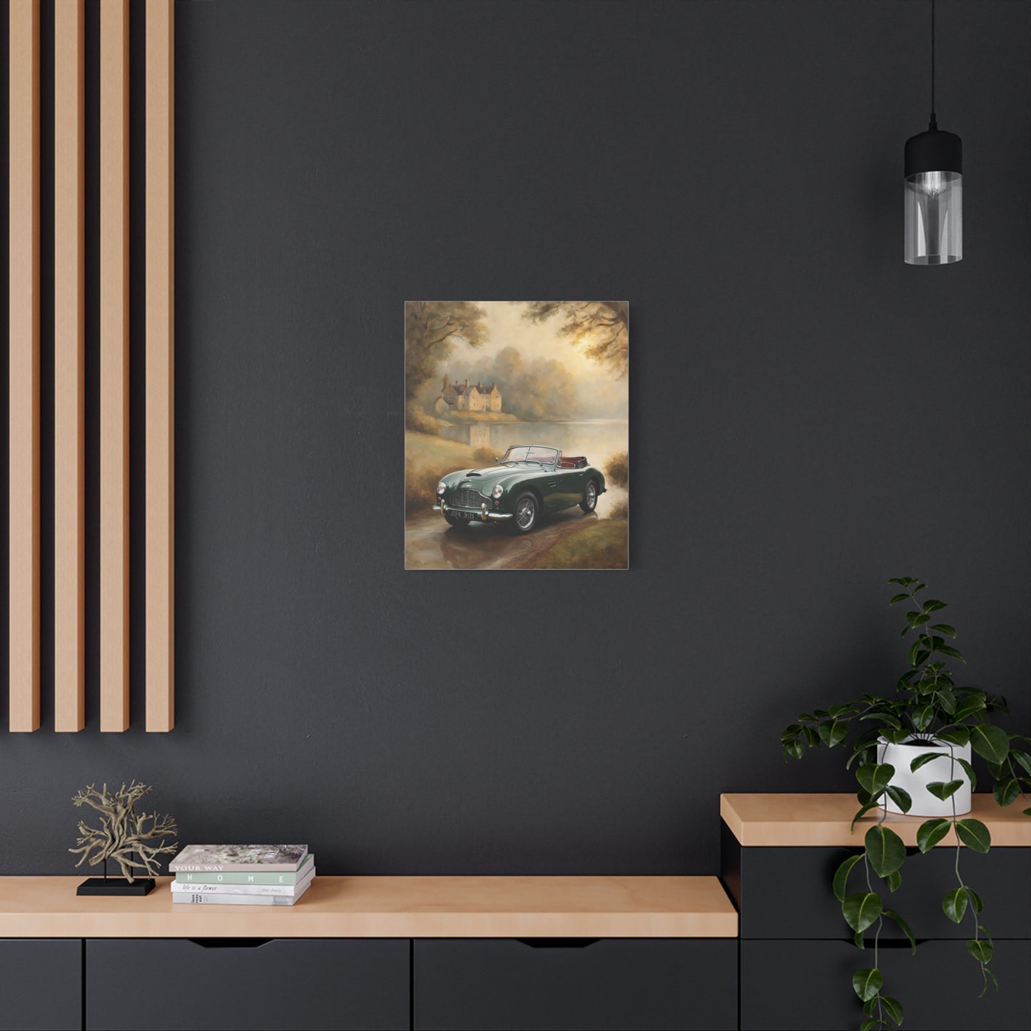 Nostalgic Car Canvas Art featuring a classic green car in a serene landscape setting
