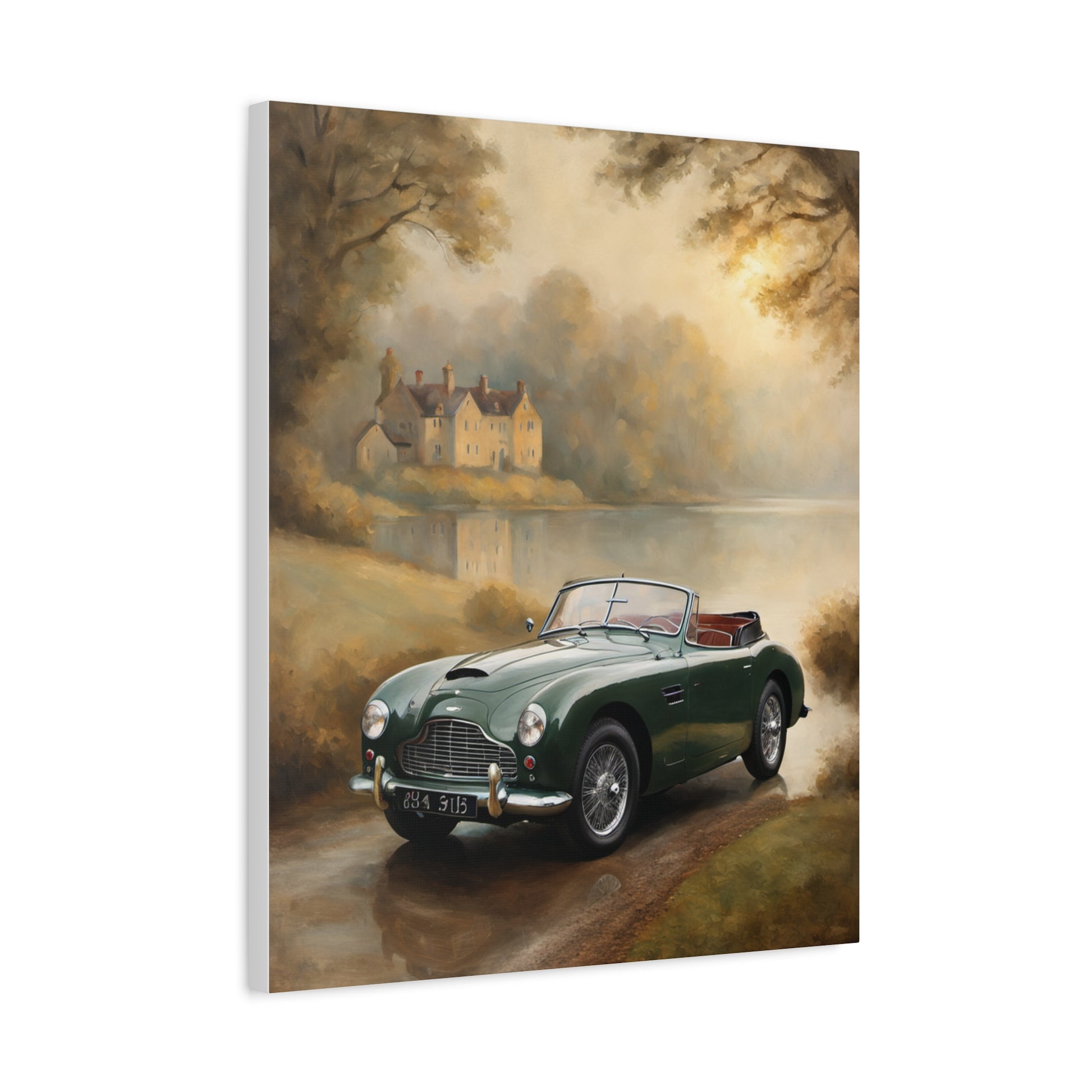 Nostalgic Car Canvas Art featuring a vintage green convertible near a serene countryside landscape