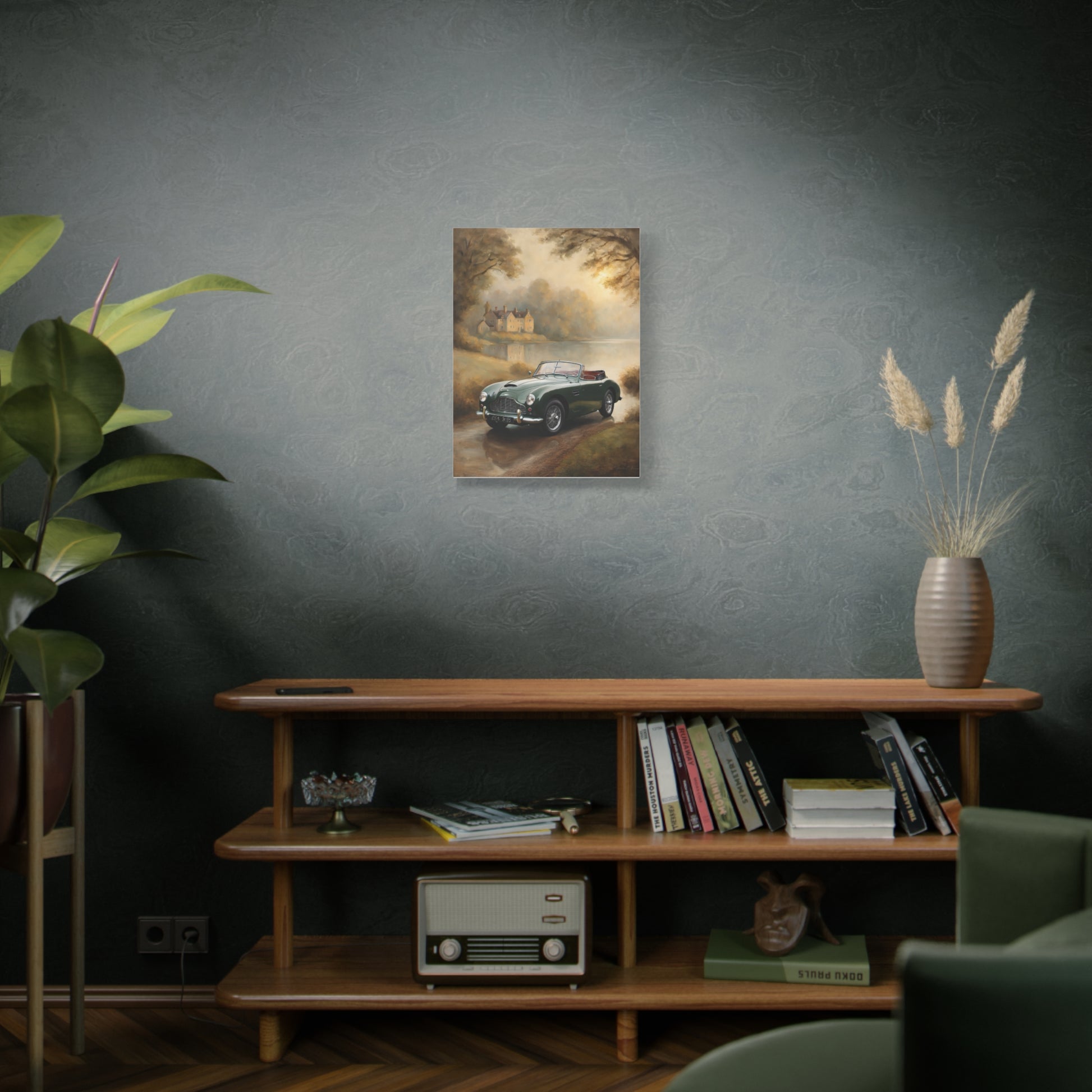 Nostalgic Car Canvas Art featuring a vintage car against a scenic background on a living room wall
