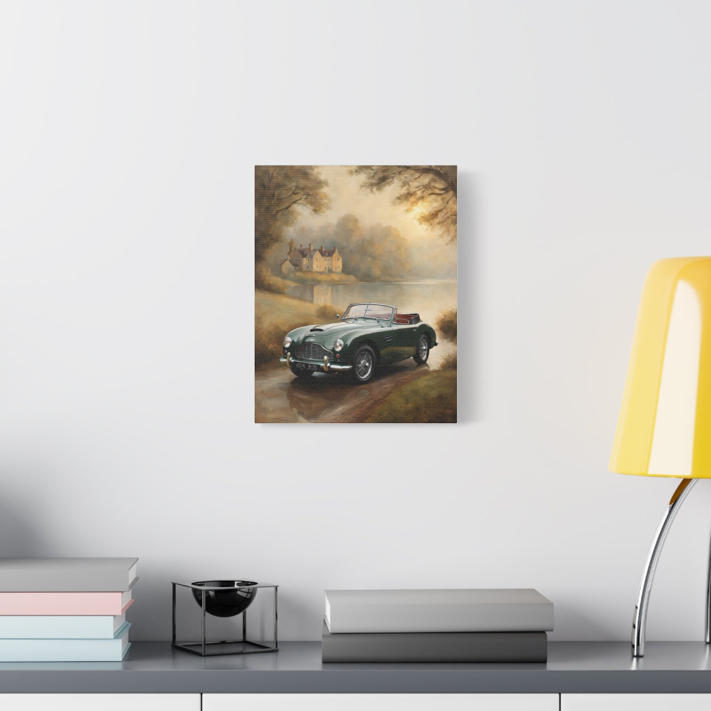 Nostalgic Car Canvas Art featuring a vintage car by a serene landscape and cozy cottage