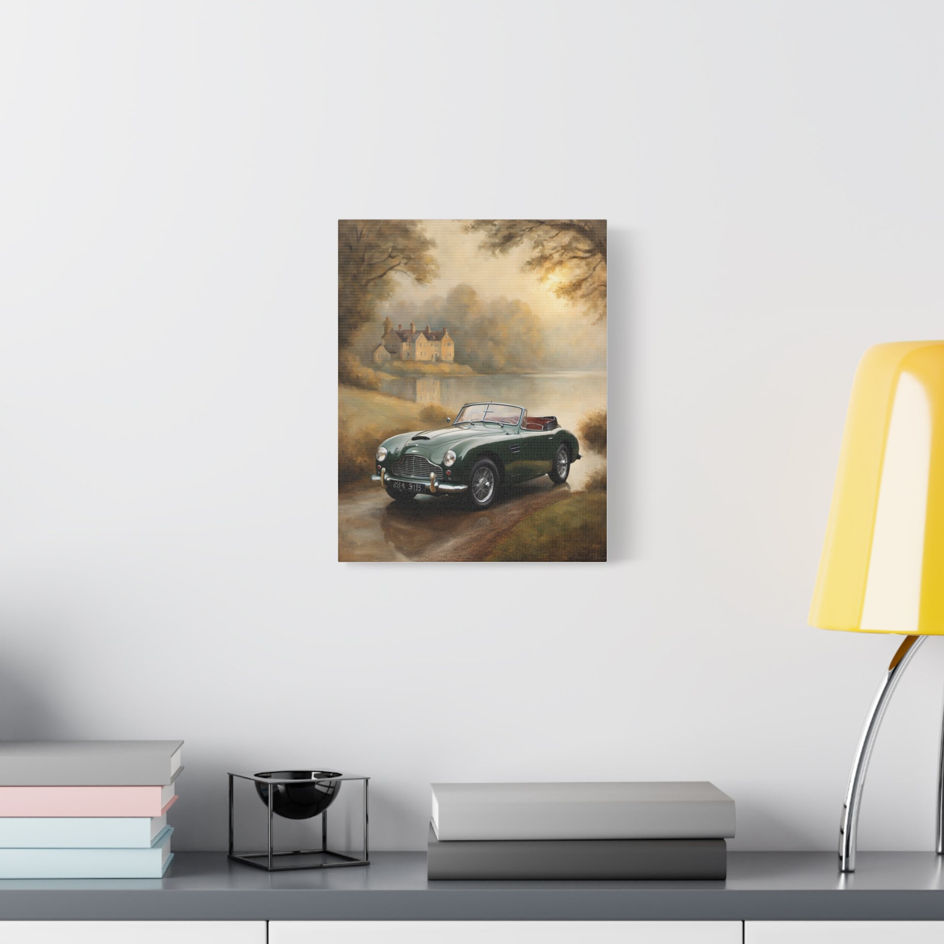 Nostalgic Car Canvas Art featuring a vintage car by a serene landscape and cozy cottage