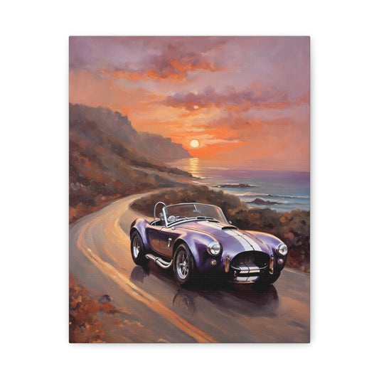 Vibrant Nostalgic Car Canvas Decor featuring a classic purple convertible on a scenic coastal road at sunset