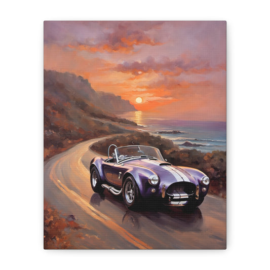 Nostalgic Car Canvas Decor featuring a purple sports car against a sunset and coastal background