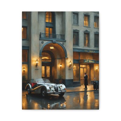 Nostalgic Car Canvas Wall Art featuring a classic car outside a vintage hotel at night