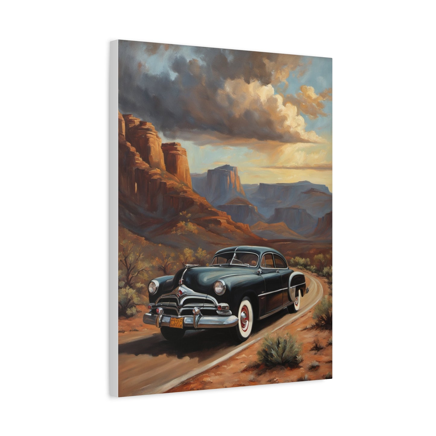 Nostalgic Car Wall Art Print featuring a vintage car driving through a scenic desert landscape