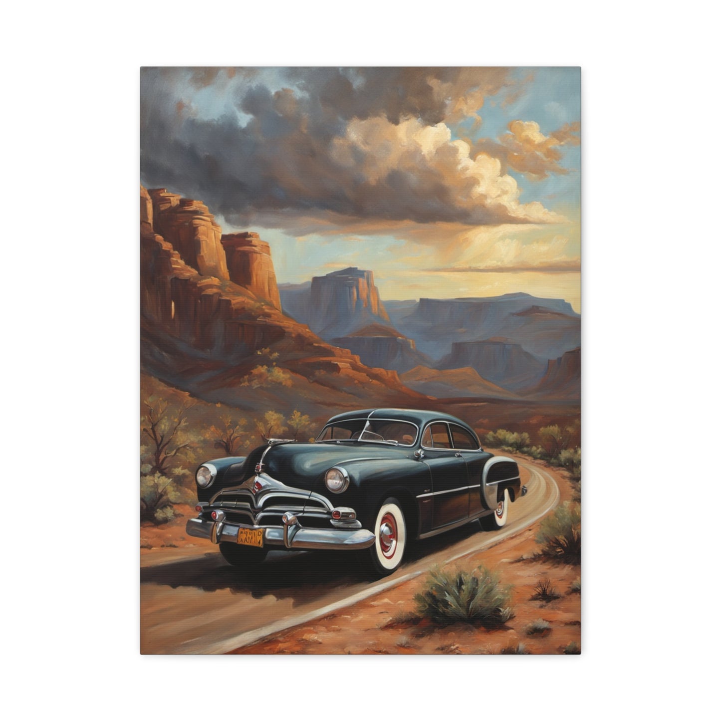 Nostalgic Car Wall Art Print featuring a classic car driving through a scenic desert landscape
