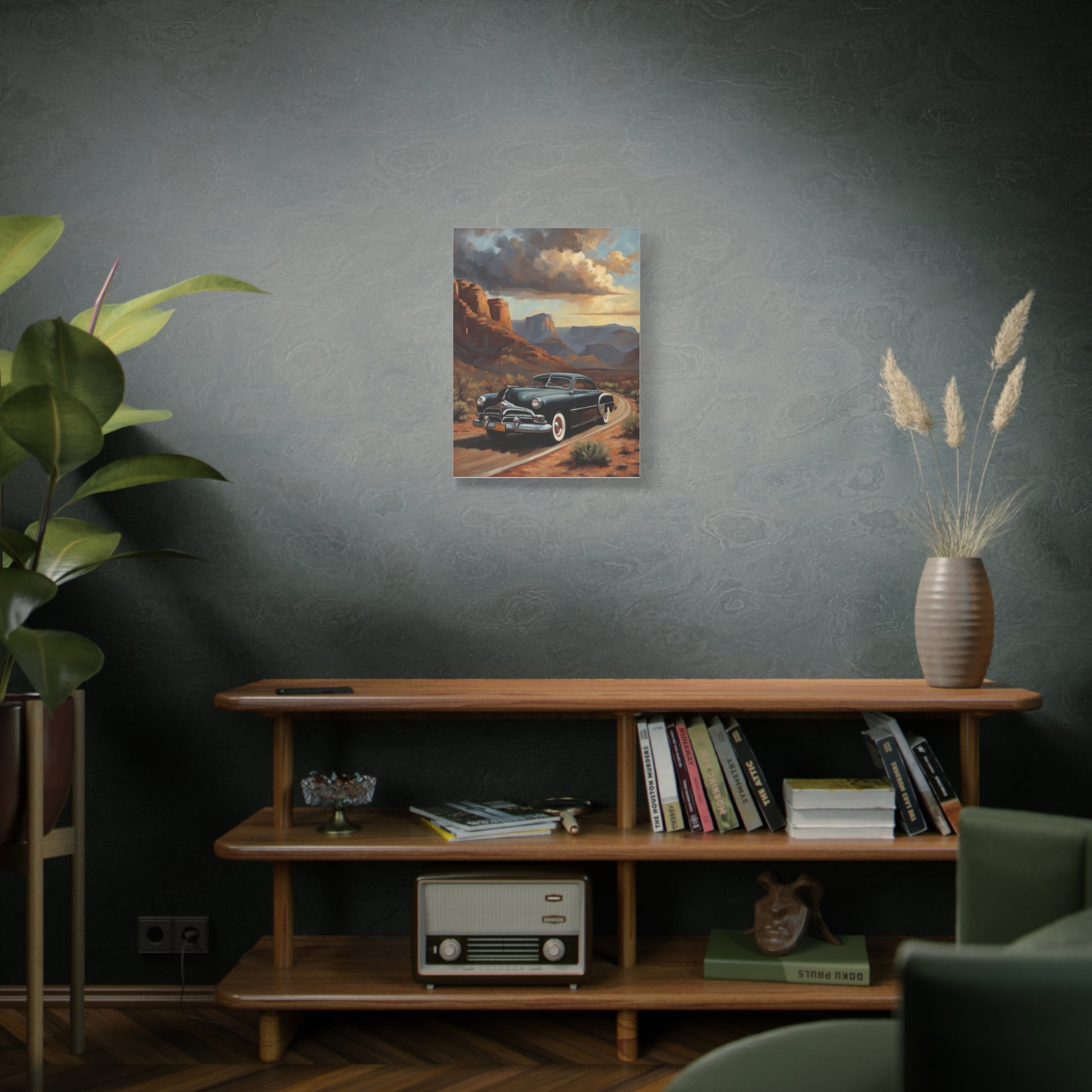 Nostalgic Car Wall Art Print featuring a classic car on a scenic road backdrop in a cozy interior setting