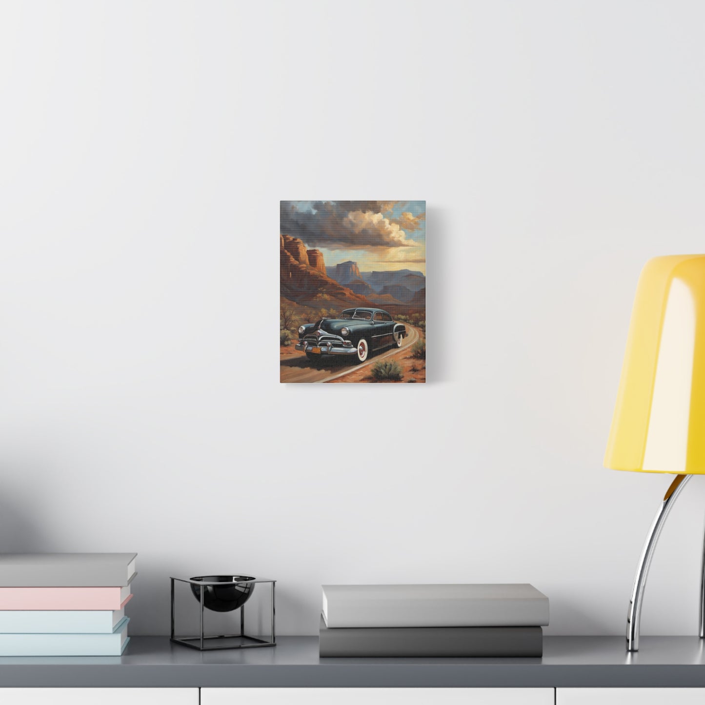 Nostalgic Car Wall Art Print displayed on a modern shelf with a stylish lamp